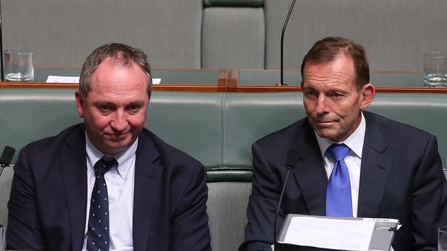 Deputy PM Barnaby Joyce and Tony Abbott in Question Time in Parliament House in Canberra. Picture Kym Smith