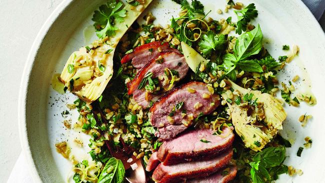 TWAM-20170325 EMBARGO FOR TWAM 25 MARCH 2017 NO REUSE WITHOUT PERMISSION Pomegrantae duck with freekeh salad Pic : Guy Bailey