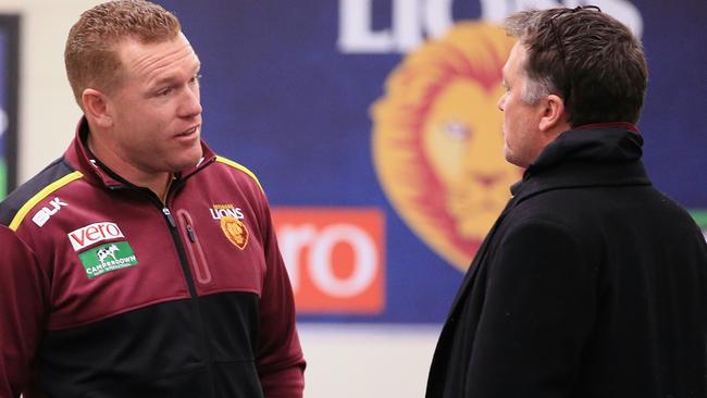 Justin Leppitsch talks to Peter Schwab during the season. Picture: Wayne Ludbey