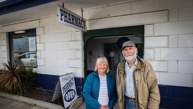 Port MacDonnell residents Graeme and Kathie Wright about to get vaccinated at the Port MacDonnell Pharmacy. Picture: Tom Huntley