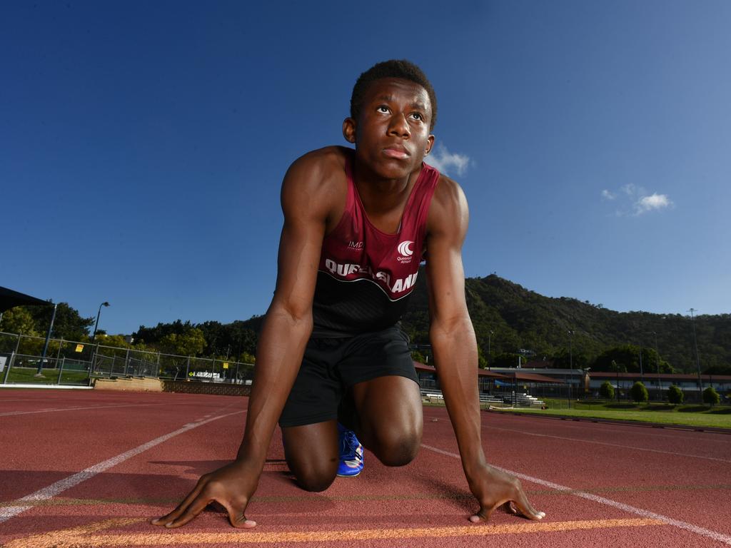 North Queensland sprint sensation Uwezo Lubenda, 15, on the red track at the Townsville Sports Reserve. Picture: Evan Morgan