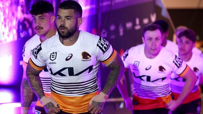 MELBOURNE, AUSTRALIA - MAY 11: Adam Reynolds of the Broncos leads the team out onto the field during the round 11 NRL match between Melbourne Storm and  Brisbane Broncos at AAMI Park on May 11, 2023 in Melbourne, Australia. (Photo by Robert Cianflone/Getty Images)