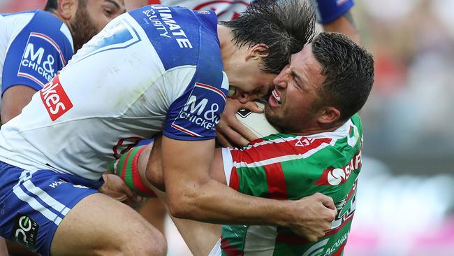 Lachlan Lewis and Sam Burgess had a running battle the entire game.