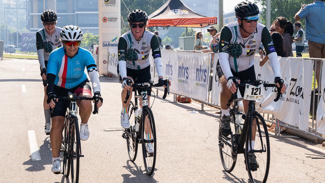 From left Meredith Baily, Denise Riddington, Brad Riddington and top back Corinne fabian finishes their NTRS Top End Gran Fondo 2023, Darwin. Picture: Pema Tamang Pakhrin