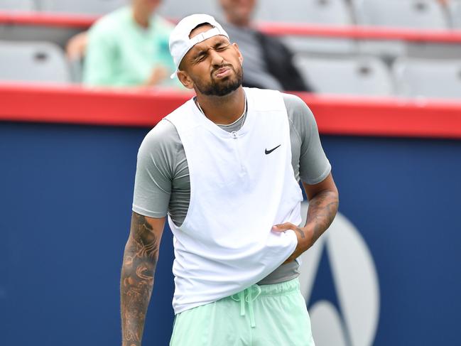 MONTREAL, QUEBEC - AUGUST 12: Nick Kyrgios of Australia reacts after losing a point against Hubert Hurkacz of Poland during Day 7 of the National Bank Open at Stade IGA on August 12, 2022 in Montreal, Canada.   Minas Panagiotakis/Getty Images/AFP == FOR NEWSPAPERS, INTERNET, TELCOS & TELEVISION USE ONLY ==