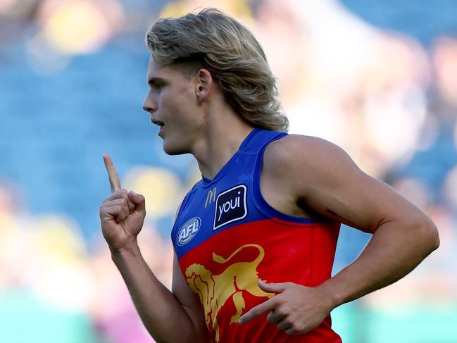 MELBOURNE, AUSTRALIA - APRIL 05: Will Ashcroft of the Lions celebrates kicking a goal during the round four AFL match between Richmond Tigers and Brisbane Lions at Melbourne Cricket Ground, on April 05, 2025, in Melbourne, Australia. (Photo by Josh Chadwick/AFL Photos/via Getty Images)
