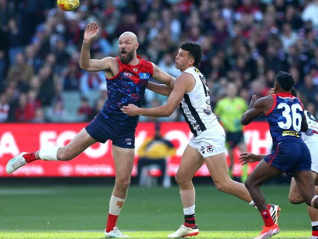 Max Gawn is playing with heavy strapping on both legs. Picture: Quinn Rooney/Getty Images