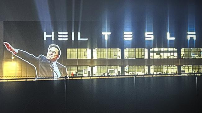 Protesters used projectors on Tesla's factory in Berlin. Picture: X.com/Politicalbeauty