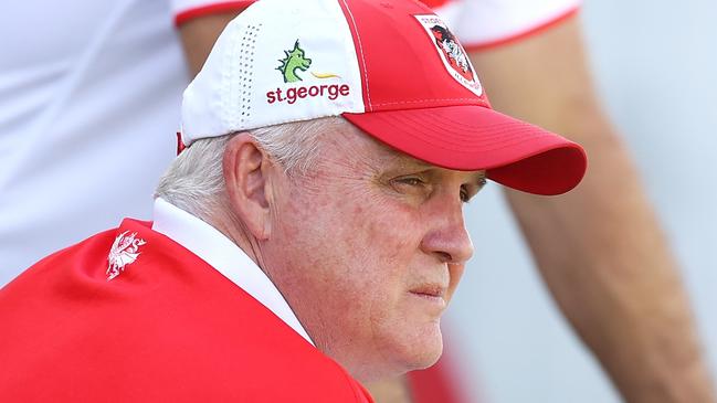 MUDGEE, AUSTRALIA - FEBRUARY 18: Dragons coach Anthony Griffin watches on before the NRL Trial and Charity Shield match between St George Illawarra Dragons and South Sydney Rabbitohs at Glen Willow Sporting Complex on February 18, 2023 in Mudgee, Australia. (Photo by Mark Kolbe/Getty Images)