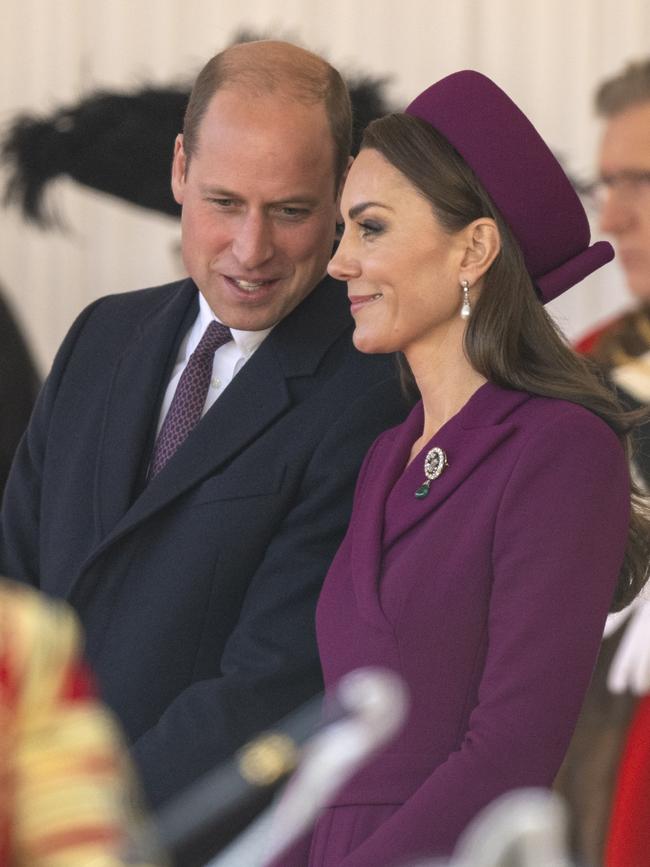 The royal couple share a light moment during the ceremonial welcome. Picture: Getty Images.