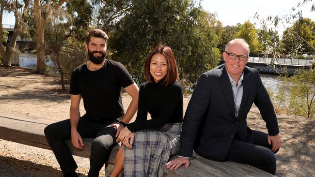 02/04/2019: Founders of Social Suite, Damian Hajda &amp; Dr Clara Ong with CEO Brad Gurrie in Melbourne. Stuart McEvoy/The Australian.