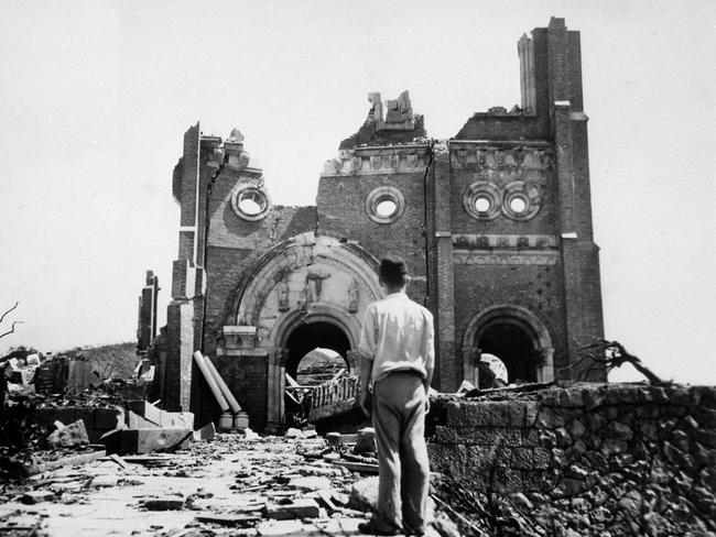 The Urakami Catholic Cathedral in Nagasaki, seen on September 13, 1945. Picture: National Archives