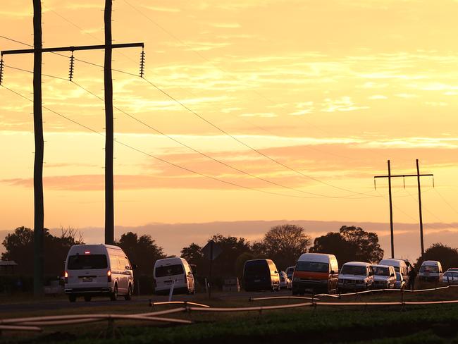 Vans carrying hordes of backpackers to work on a farm just outside Gatton in Queensland. Pictures: Jack Tran/Courier Mail