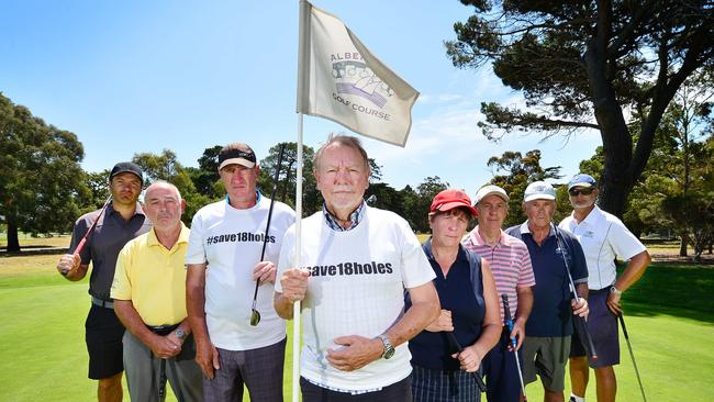 Steve Zakic, Ron Angove, Tony Gay, Brian McCarthy, Sally Diserio, Neville Carridice, Tim Turner and Conrad Groen want Albert Park Golf Course saved. Picture: Nicki Connolly