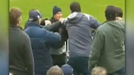 Fights in the stands during the Collingwood-Carlton gam. Picture/Channel 7