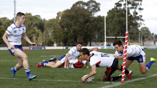 Dane Towns crossing for a try during the NSW U18 Combined Catholic Colleges v Combined Independent Schools game of the State Rugby League Tri-Series held at St Mary's Leagues Stadium. Picture: Jonathan Ng