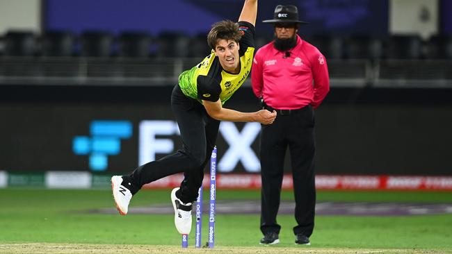 Pat Cummins bowls for Australia in T20 World Cup being played in the UAE.