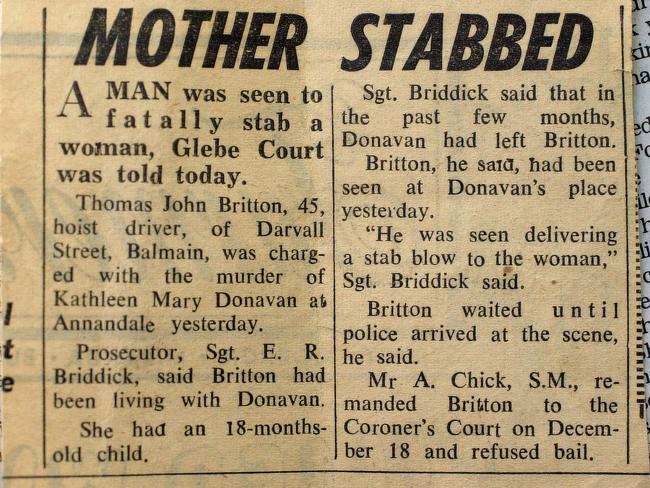 A newspaper clipping from 1968 regard the stabbing of Folbigg’s mother. Picture: James Knowler