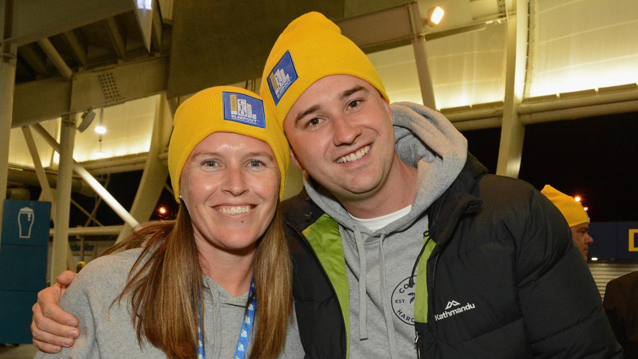 Katrina Mattig and Jared Johnson at the 2021 Vinnies CEO Sleepout at Cbus Super Stadium, Robina. Picture: Regina King.