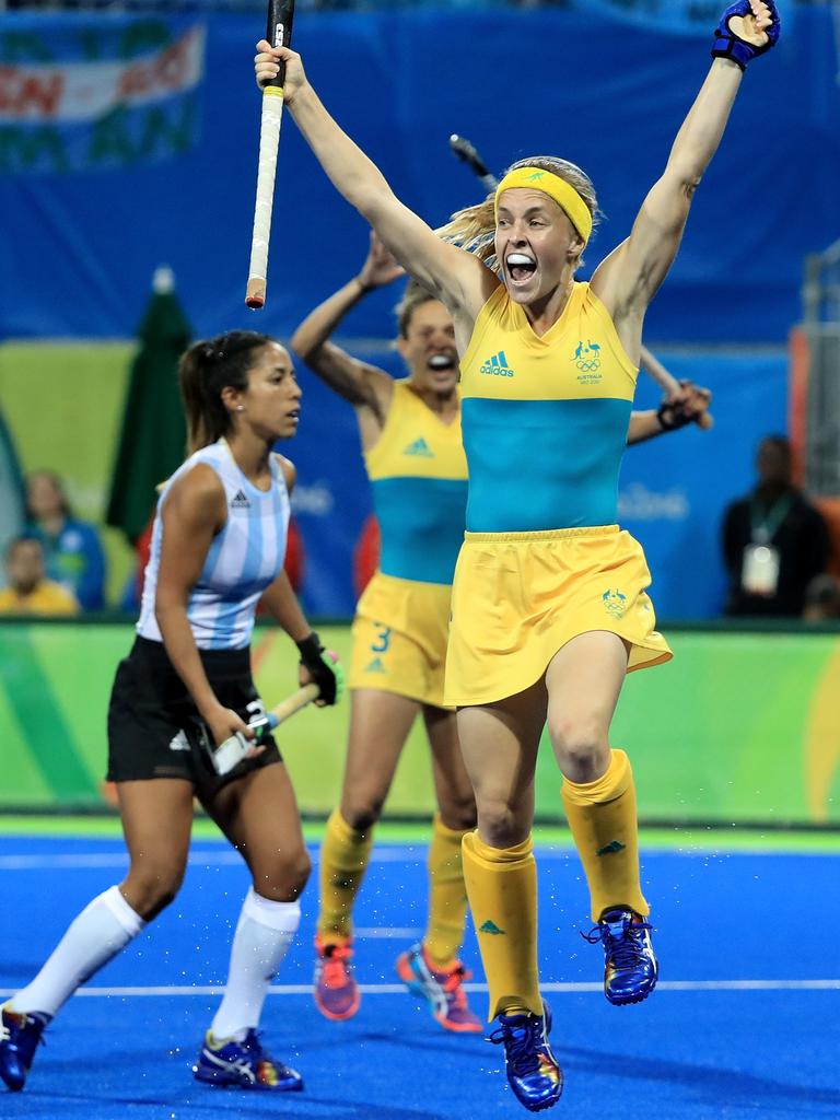 RIO DE JANEIRO, BRAZIL - AUGUST 11: Emily Smith #26 of australia reacts to a goal during a Women's Preliminary Pool B match against Argentina at the Olympic Hockey Centre on August 11, 2016 in Rio de Janeiro, Brazil. (Photo by Sam Greenwood/Getty Images)