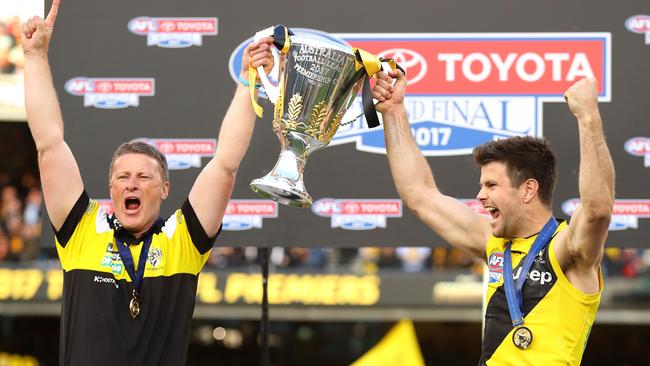 Richmond Tigers captain Trent Cotchin (right) helped end the clubs 37-year premiership drought in 2017 when the they defeated the Adelaide Crows in the 2017 AFL Grand Final. (Photo by Cameron Spencer/AFL Media/Getty Images)