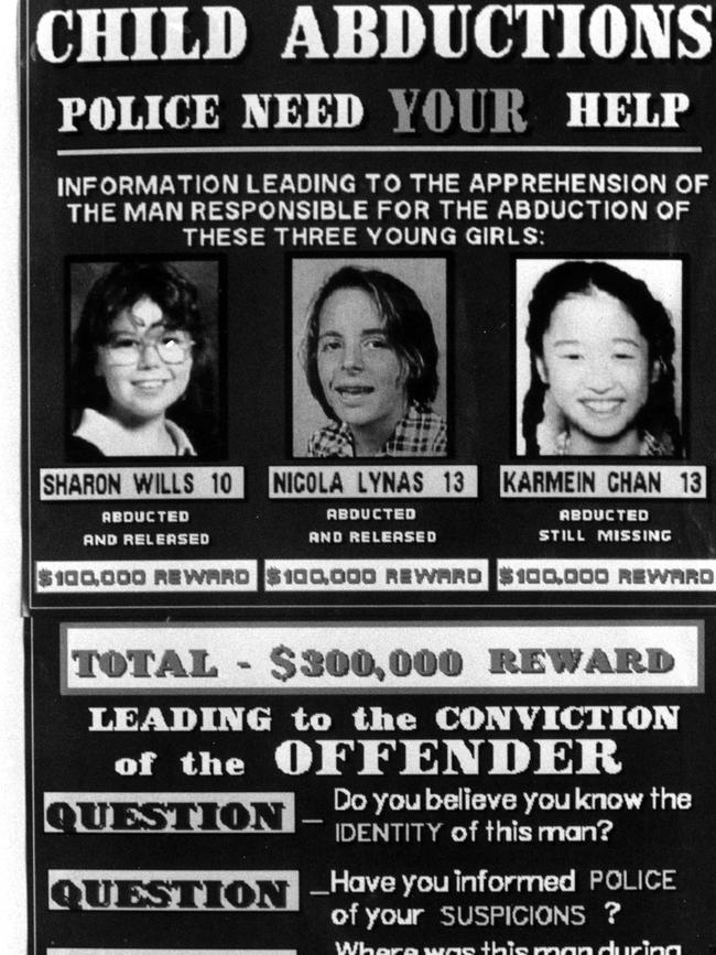 A poster appealing to the public for help of the abductions os Sharon Wills, Nicola Lynas, and Karmein Chan.