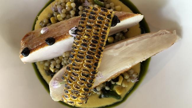 Is this Victoria’s best chicken? Try the Milawa chicken of corn, lardo, black garlic and fregola a crack at Brown Brothers.