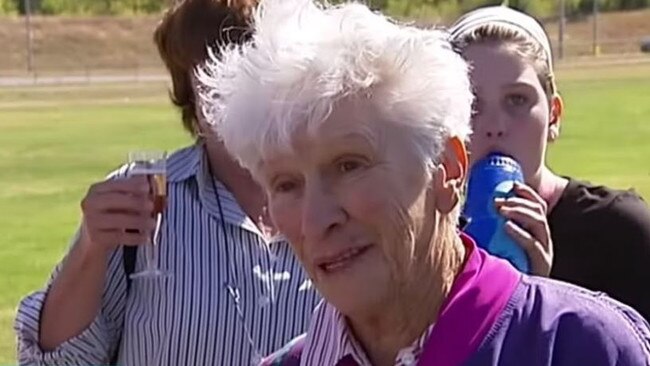 Clare Nowland celebrating her 80th birthday with a skydive in 2008. Picture: ABC News.