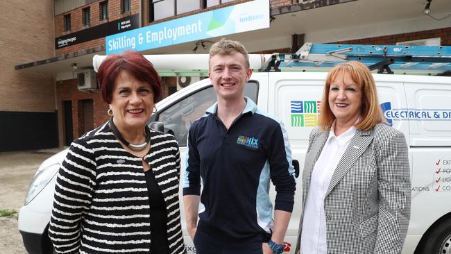 Judith Field (Community Partnerships Manager with Lendlease), Fourth Year Apprentice Jono Owen, 22 and Lea Hix (General Manager of Hix Group) pose for a photo at St Mary's Skills and Employment Centre. (Picture” David Swift)