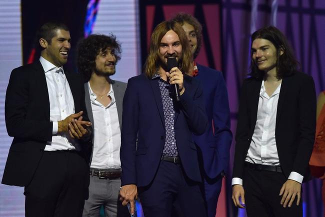 Tame Impala accept the ARIA for Best Group during the 29th ARIA Awards, at The Star, in Sydney. Picture: TRACEY NEARMY