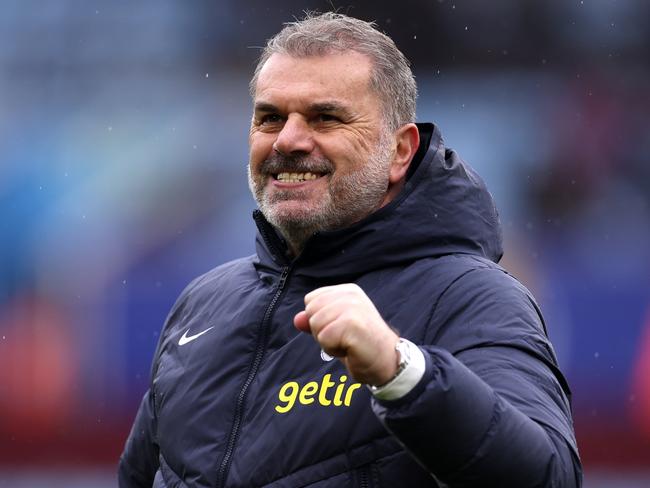 BIRMINGHAM, ENGLAND - MARCH 10: Ange Postecoglou, Manager of Tottenham Hotspur, celebrates victory in the Premier League match between Aston Villa and Tottenham Hotspur at Villa Park on March 10, 2024 in Birmingham, England. (Photo by Alex Pantling/Getty Images)