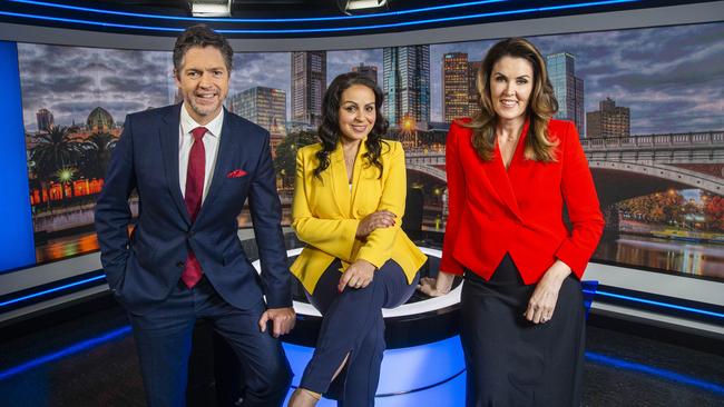 Sky News hosts Nicholas Reece, Rita Panahi and Peta Credlin in the new studios that have opened up in Melbourne. Picture: Aaron Francis