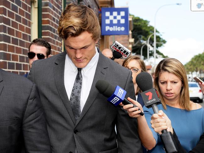 Manly Warringah forward Liam Knight leaves Manly Courthouse after pleading guilty to a high range drink driving charge.