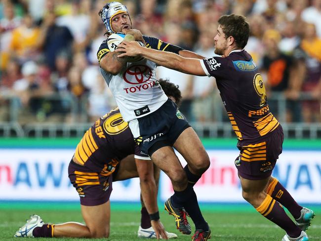 Thurston keeps the ball alive on the last play which resulted in try to the Cowboys during the 2015 NRL Grand Final. Picture: Phil Hillyard