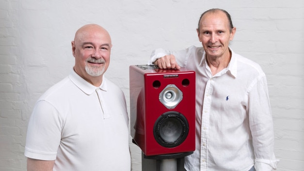 Steve Scanlon, left, and Wayne Jones with a Baby Red speaker.