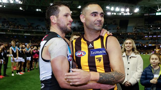 Hawthorn and Port Adelaide great Shaun Burgoyne says he’s ‘sitting on the fence’ when it comes to a tip ahead of Friday’s semi-final. Picture: Michael Willson / Getty Images