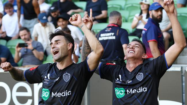 Neyder Moreno of Auckland FC (R) and Felipe Gallegos of Auckland FC celebrate a goal during the round eight A-League Men match between Melbourne City and Auckland FC at AAMI Park on December 15, 2024 in Melbourne, Australia. Picture: Graham Denholm/Getty Images.