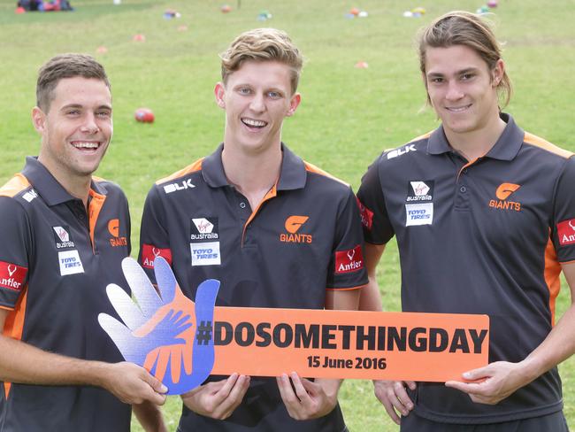 Josh kelly, Lachie Whitford, jack Steele. The GWS Giants are visiting Bankstown West Public School as part of the National Breast Cancer FoundationÕs Real Men Wear Pink campaign.