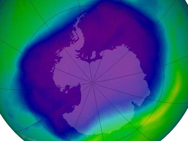 This image provided by NASA was compiled by the Ozone Monitoring Instrument on NASA's Aura satellite of the Antarctic ozone hole was equal to the record single-day largest area of 11.4 million square miles, reached on 09/09/200. The so-called hole is a region where there is severe depletion of the layer of ozone, a form of oxygen ozone.