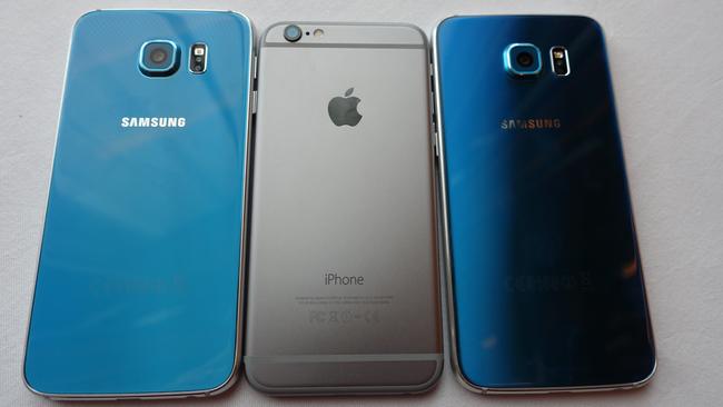 Comparison: Samsung's Galaxy S6 smartphone, Apple's iPhone 6, and Samsung's Galaxy S6 Edge.