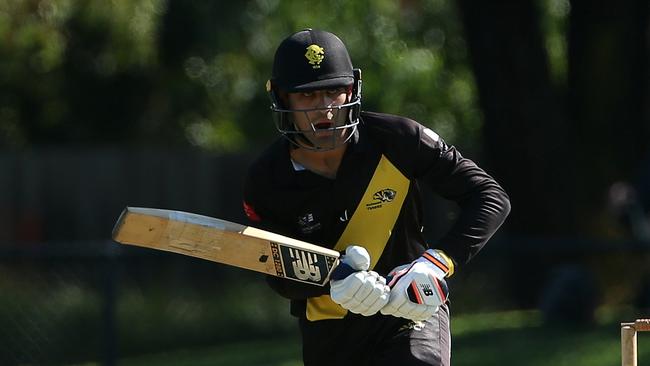 Premier Cricket 2021-22: Richmond v Geelong: Shobit Singh of Richmond batting on Saturday 19th March, 2022 in Glen Waverley, Victoria, Australia Photo: Hamish Blair