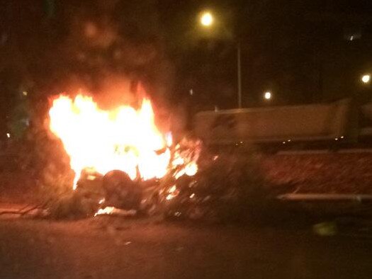 Car fire on Mitchell Freeway at 5am. Picture: Twitter/Luke Hughes