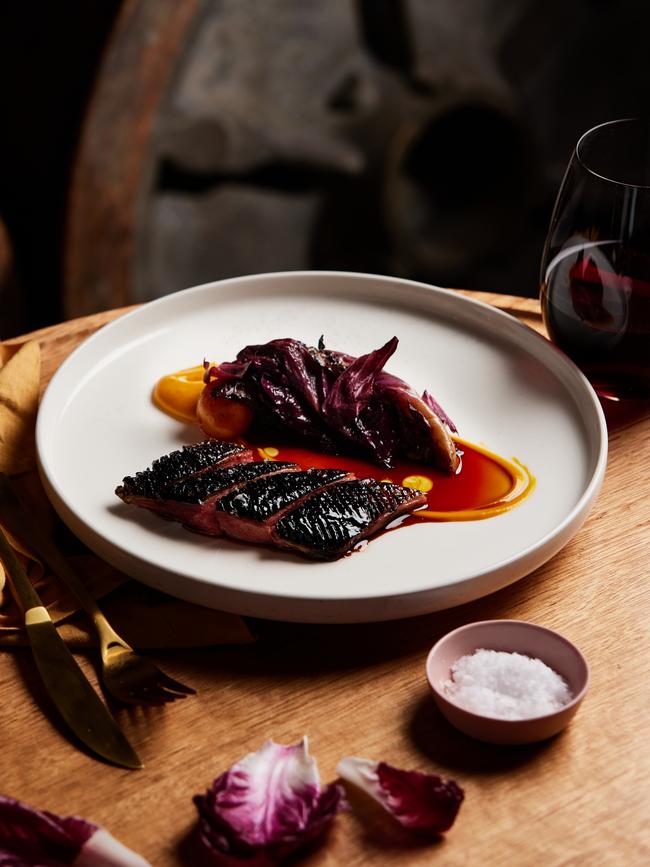 Peacock and Jones’s Strelleyfield duck from Breadalbane is served with a tangy jus and a chargrilled wedge of radicchio as well as a seared slice of boudin (blood sausage). Picture: Supplied.