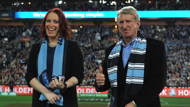 Former New South Wales Blues' captain Steve Mortimer accompanies his daughter Erin Mortimer before she sung the national anthem. Picture: AAP/Paul Miller