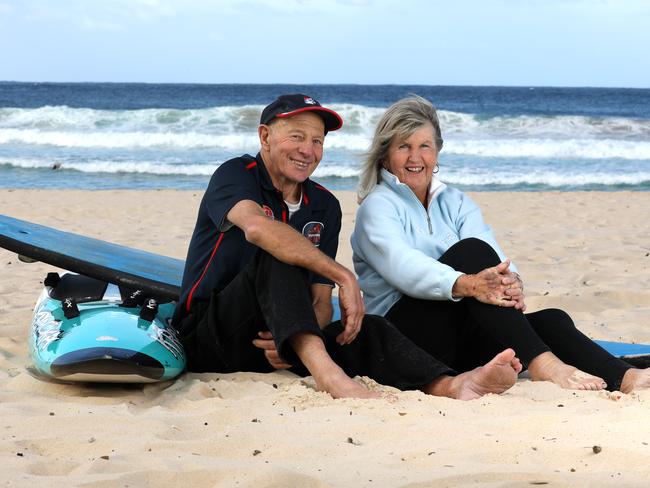 Surf legends Susan Wood-Moore and Peter (Cuz) Kirkwood AM on the walk of fame at Maroubra Beach. Picture: Jane Dempster/Daily Telegraph.