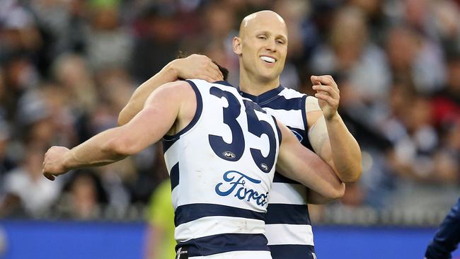 Gary Ablett celebrates a goal with Patrick Dangerfield. Picture: Michael Klein