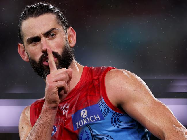 ADELAIDE, AUSTRALIA - MAY 19: Brodie Grundy of the Demons celebrates a goal during the 2023 AFL Round 10 match between Yartapuulti/Port Adelaide Power and Narrm/Melbourne Demons at Adelaide Oval on May 19, 2023 in Adelaide, Australia. (Photo by James Elsby/AFL Photos via Getty Images)