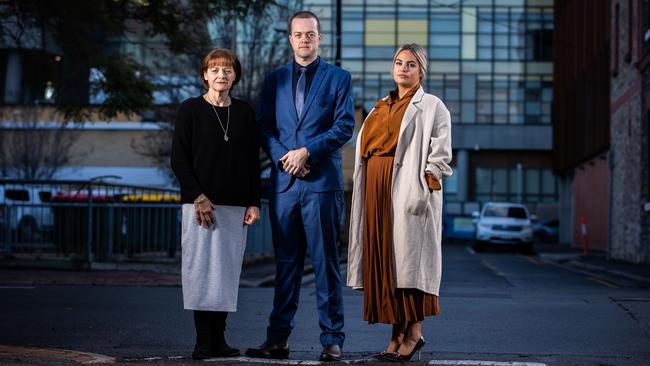 Jane Bowen-Sutton with her son Matt, and Peter Wallis’ daughter Genevieve Wallis in Adelaide. Perre was on Thursday found guilty of the 1994 NCA bombing. Picture: Tom Huntley