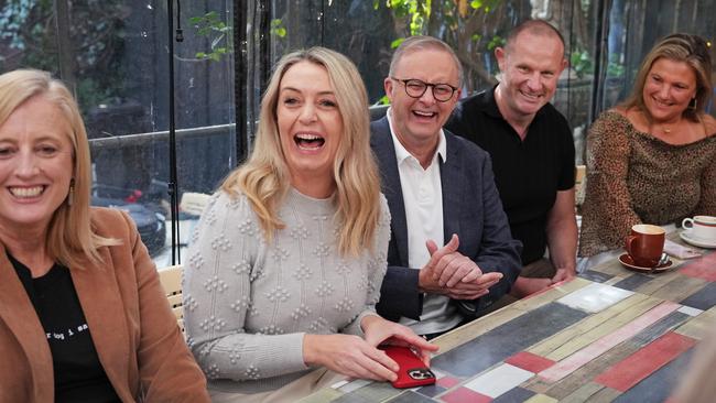 Anthony Albanese, joined by fiance Jodie Haydon, visits Bar Italia in Leichhardt on Sunday in Sydney.  Picture: Getty Images