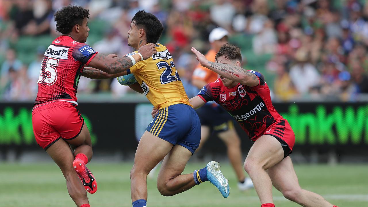 Eels young gun Haze Dunster is tackled during Day 2 of the 2020 NRL Nines.